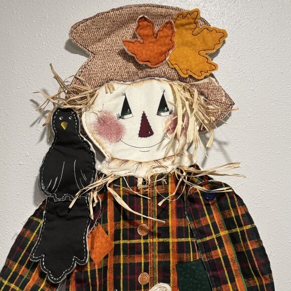 Handmade Vintage 48" Scarecrow Wall Decor Fabric Plaid Denim Articulated Hayride - Picture 2 of 13